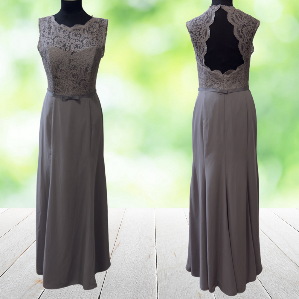 DESSY COLLECTION Formal Gown Lace Bodice Backless Dove Gray Sample Size 12